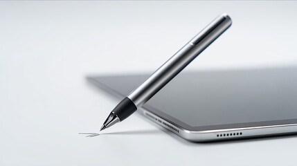 Sleek silver stylus poised above a tablet, ready for digital note-taking.