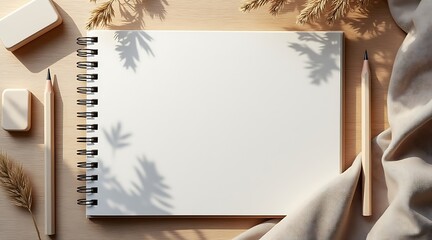 Blank spiral bound notebook with soft shadow overlay and pencils on a textured background