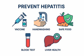Naklejka premium Hepatitis Prevention Infographic, Vaccine Handwashing Safe Food Icons, Blood Test Vector, Liver Health Awareness Graphic