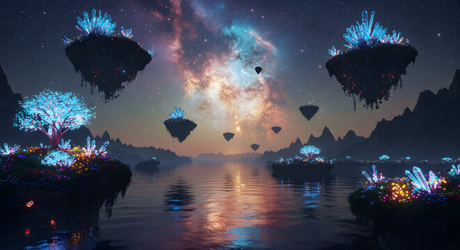 Surreal fantasy landscape with floating islands and a cosmic starlight river - Powered by Adobe