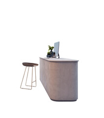 Contemporary reception desk with monitor, potted plants, and bar stool, isolated on white background. 3D Rendering of modern office furniture