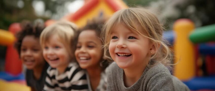 Cute young kids of all ages playing on an inflatable bouncy house