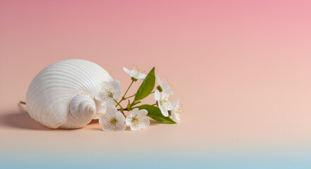 Fototapeta premium Elegant composition of a white seashell and delicate spring blossoms on a gradient background