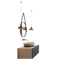 Contemporary bathroom vanity with vessel sink, round hanging mirror, and pendant lights, isolated on white background for design template. 3D Rendering