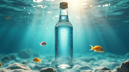 Clear glass bottle filled with water submerged underwater with small colorful fish swimming around