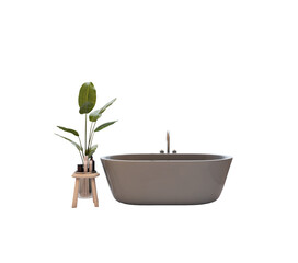 Brown freestanding tub with faucet and green plant in pot on wooden stool, isolated on white background, clean cutout element for bathroom concept. 3D Rendering