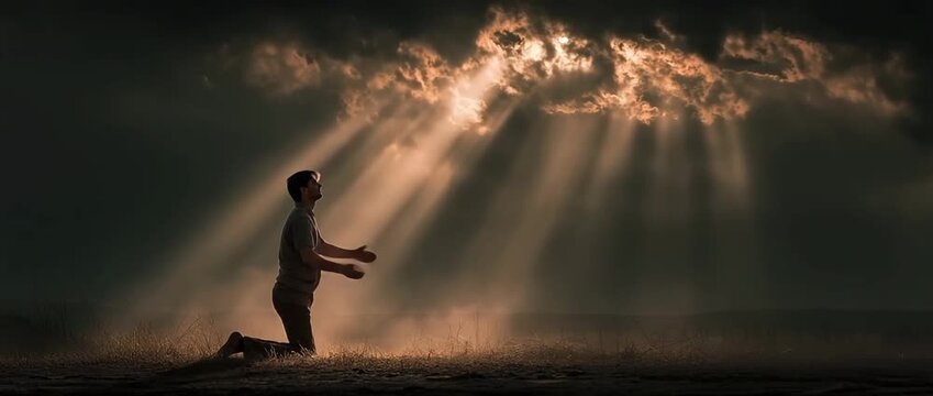 A person kneeling on the ground in front of a crucifix, their eyes closed in a sincere act of forgiveness, sunlight shining through the clouds and illuminating their face