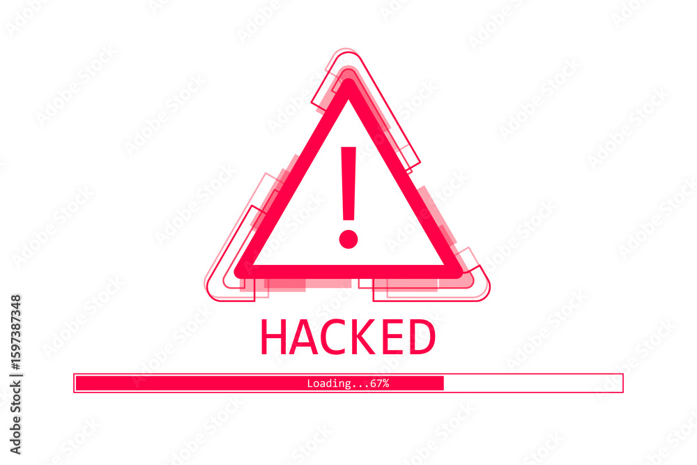 Fototapete Red warning triangle icon with exclamation mark and glitch effect, over a white background, showing cyber threat concept. 3D Rendering