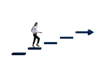 Female businessperson climbing abstract staircase with upward arrow on clean white background,...