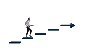 Female businessperson climbing abstract staircase with upward arrow on clean white background, concept of ambition and career achievement