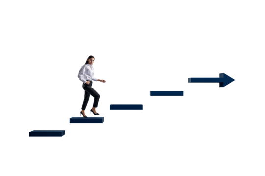 Female businessperson climbing abstract staircase with upward arrow on clean white background, concept of ambition and career achievement