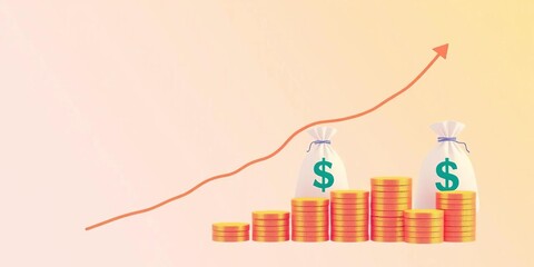 Obraz premium Financial growth chart with money bags and coins in a minimalist flat vector design, saving, cash
