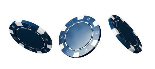 Three blue casino poker chips isolated on white background, clean 3D Rendering, floating layout concept for branding, game, or mockup design