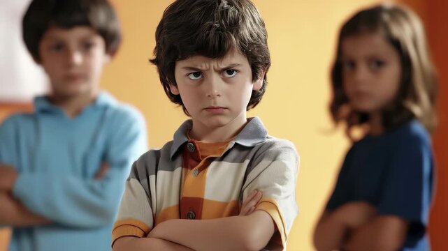 Three children in an indoor setting displaying emotions of frustration and disconnection during a group interaction