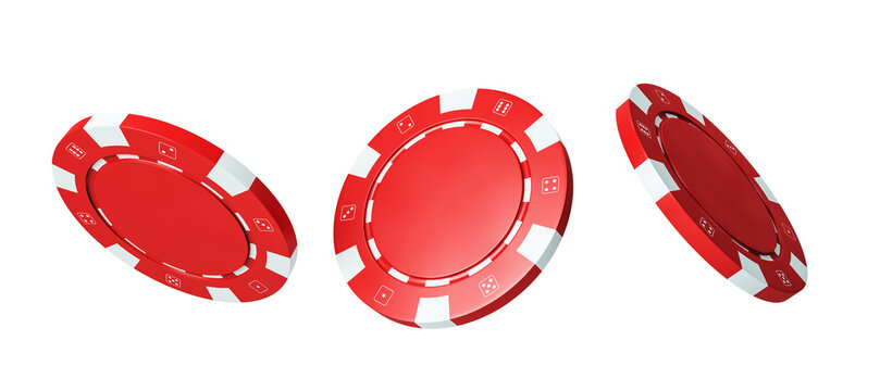 Three red casino poker chips with white accents in realistic 3D Rendering style, isolated on clean white background, concept of gambling or gaming