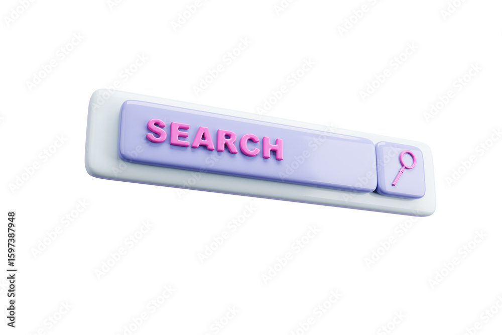 Fototapete modern 3d rendering of a pastel purple search bar with pink text and magnifying glass icon on isolat