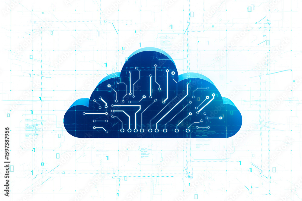 Poster Cloud symbol with circuit board pattern in digital graphic style on a light white background, concept of online cloud computing and data network. 3D Rendering.