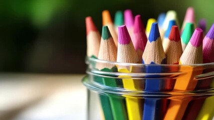 Vibrant colored pencils neatly arranged in a glass jar on a wooden table in a creative workspace