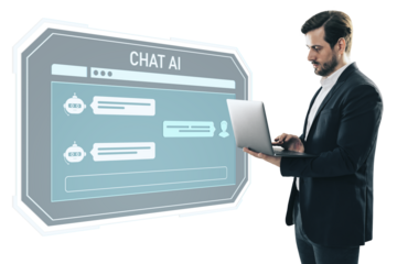 Businessman using laptop facing large digital AI chat interface, isolated on white background, concept of online assistant and technology