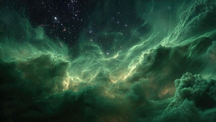 Fototapeta premium Deep space nebula, vibrant emerald green clouds of gas and dust, speckled with stars