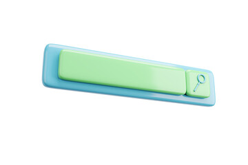 Glossy search bar interface with magnifying glass icon in green and blue colors, isolated on white background. Concept of modern UI design element. 3D Rendering