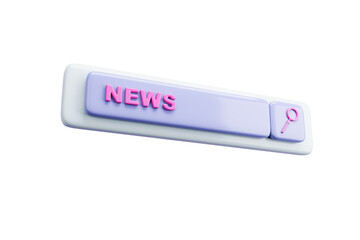 Glossy 3D news search bar interface with magnifying glass icon in soft pastel colors, isolated on white background. Concept of user interface button. 3D Rendering.