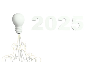 White lightbulb launching like a rocket with sketch smoke trails, next to large 2025 text, isolated on clean white background. Concept of innovation. 3D Rendering