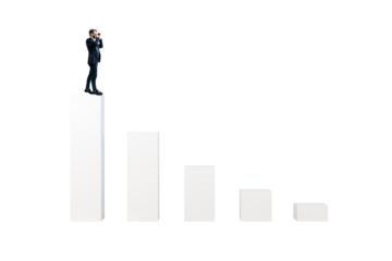 Businessman with binoculars on tall bar of descending graph, isolated style on white background, symbolizing future vision and research
