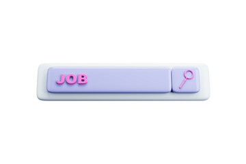 3D rendering of a purple search bar button with pink JOB text and magnifying glass icon on isolated white background, modern user interface concept