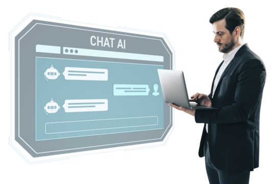 Businessman using laptop facing large digital AI chat interface, isolated on white background, concept of online assistant and technology