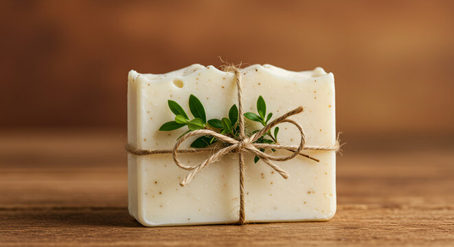 Handmade natural soap bar with green leaves and tied with string on wooden surface