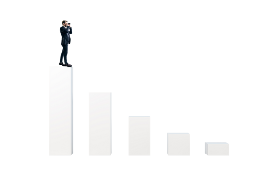 Businessman with binoculars on tall bar of descending graph, isolated style on white background, symbolizing future vision and research