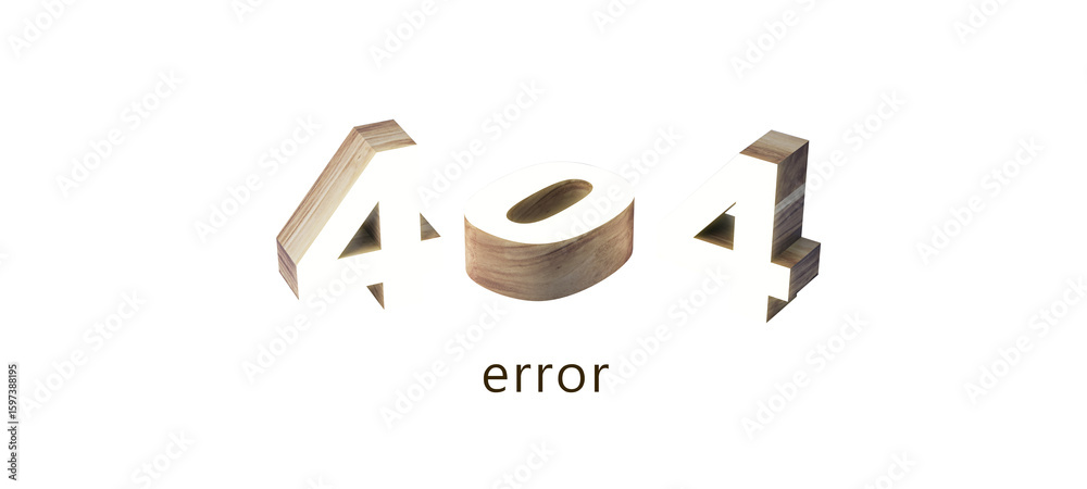 Poster wooden 3d 404 error text with smooth light texture isolated on white background, clean design concep