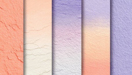 Fototapeta premium Five vertical panels of textured, blended paper, transitioning from peach to lavender