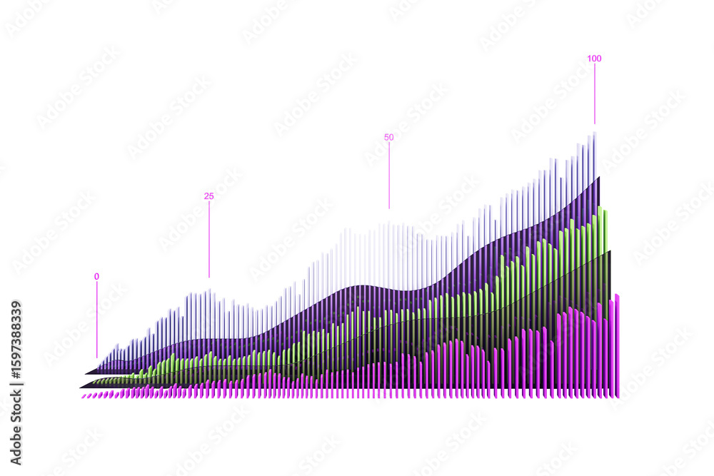 Poster multicolored 3d layered bar chart with gradient bars and curved overlays on white background. concep