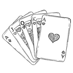 Hand drawn royal flush playing cards illustration, vintage poker hearts suit sketch vector © FazaelSky.id