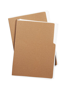 Two brown kraft paper folders with visible tab and white paper inside, isolated closeup on white background, top view concept of business work. 3D Rendering
