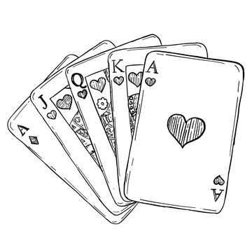 Hand drawn royal flush playing cards illustration, vintage poker hearts suit sketch vector