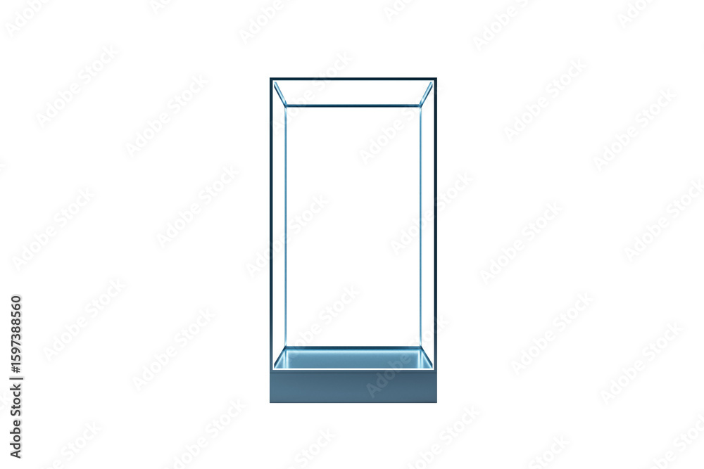 Fototapete transparent glass exhibit display case with glowing base, isolated on clean white background, concep