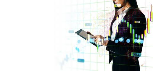 Businesswoman using mobile tablet, modern graphic style, on white background, concept of online financial market analysis and trading