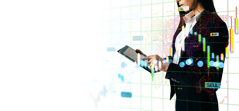 Businesswoman using mobile tablet, modern graphic style, on white background, concept of online financial market analysis and trading - Powered by Adobe