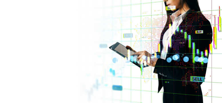 Businesswoman using mobile tablet, modern graphic style, on white background, concept of online financial market analysis and trading