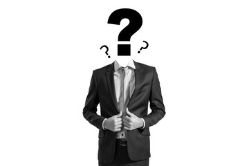 Businessperson in formal suit with question mark symbol instead of head, black and white style,...