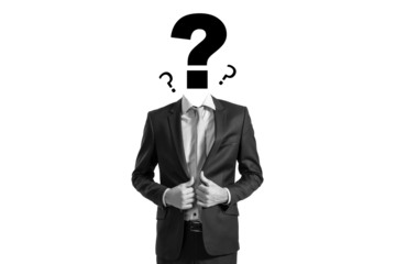 Businessperson in formal suit with question mark symbol instead of head, black and white style, isolated on white background, concept of curiosity