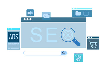 SEO interface elements with magnifying glass, ads, shopping cart, email, and folders in clean 3D Rendering style on isolated white background