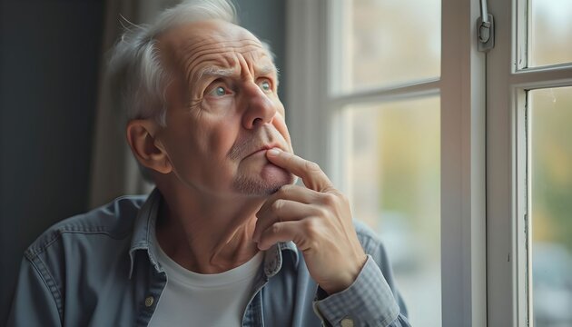 Thoughtful senior man looking out window older adult thinking concept
