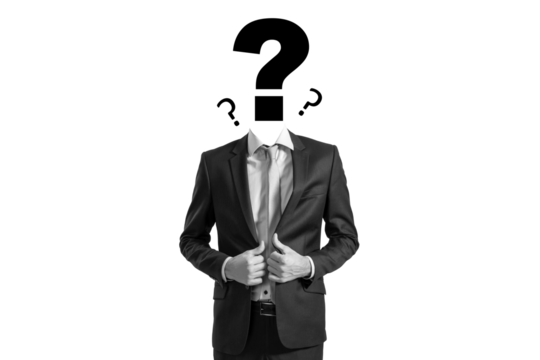 Businessperson in formal suit with question mark symbol instead of head, black and white style, isolated on white background, concept of curiosity