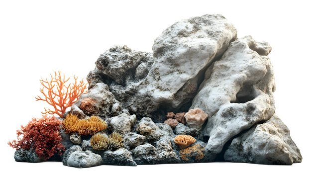 Realistic underwater rock formation adorned with vibrant coral reef elements isolated on transparent background