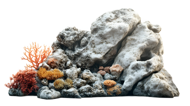 Realistic underwater rock formation adorned with vibrant coral reef elements isolated on transparent background