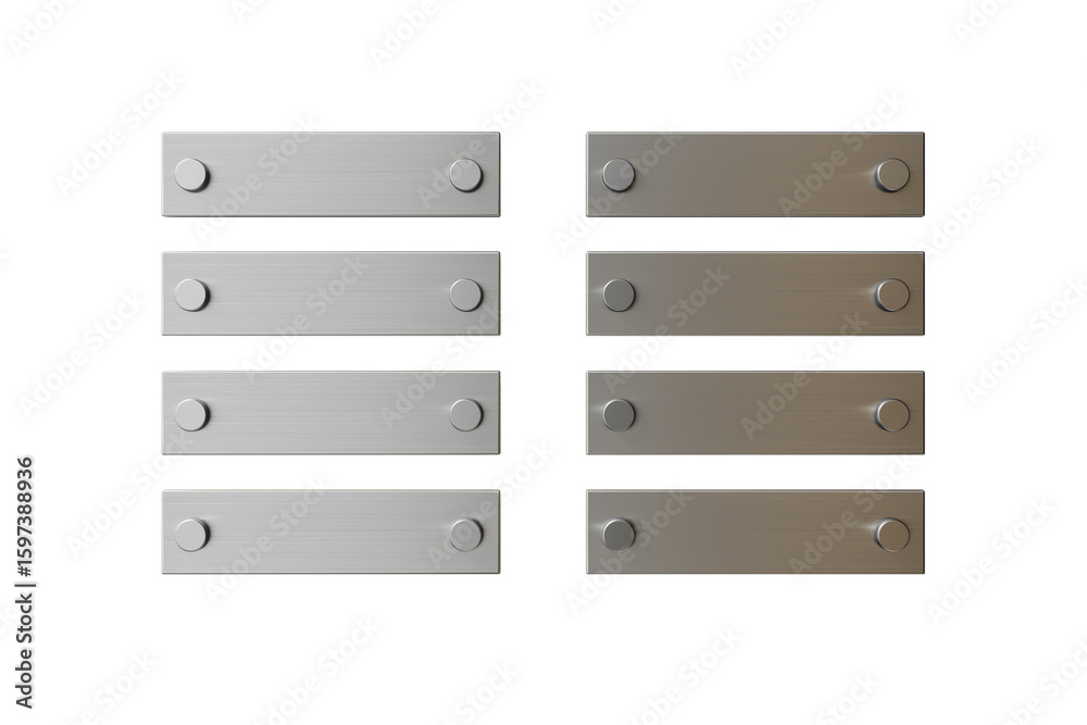 Poster Eight rectangular metallic button elements with round knobs, isolated style on white background. Concept of user interface or layout design. 3D Rendering.